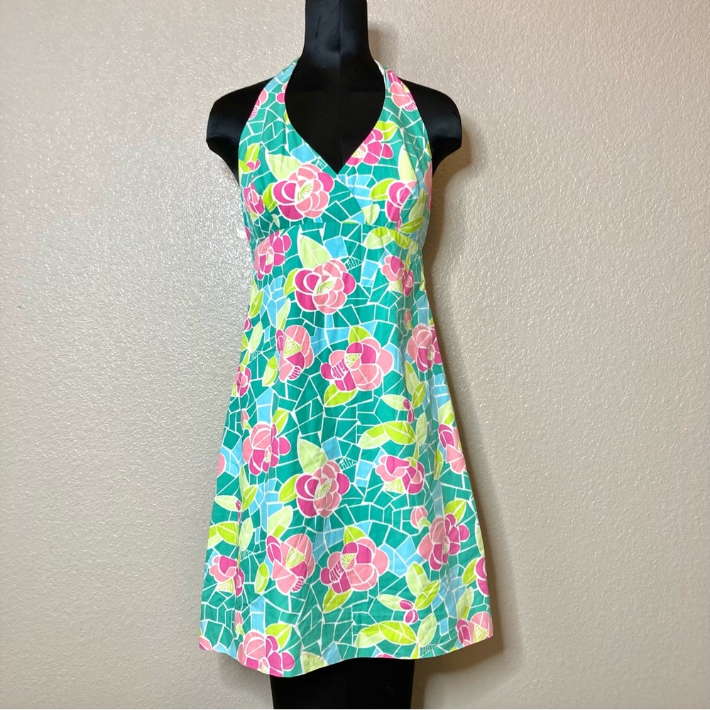 LILLY PULITZER Halter Dress Floral Preppy White Label Green Pink Size 6